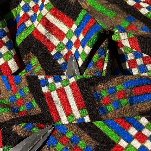 70s vintage wool shift dress midi shirt geometric pattern abstract print tie. - Picture 13 of 13